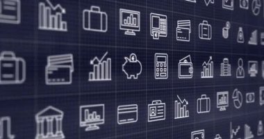 Mavi arka planda birden fazla dijital simge ile arayüzün canlandırılması. Bilgisayar arayüzü ve iş teknolojisi kavramı