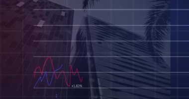 Gökyüzüne karşı binaların düşük açılı görüntüsünde değişen sayılarla birden fazla grafiğin animasyonu. Dijital bileşik, çoklu pozlama, rapor, iş, büyüme ve mimari kavram.