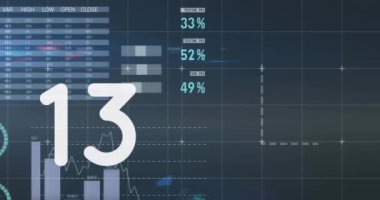 Artan sayıların animasyonu ve mavi arka planda istatistiksel veri işleme. Bilgisayar arayüzü ve iş veri teknolojisi kavramı