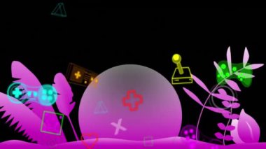 Çoklu neon oyun denetleyici simgelerinin, çiçek dizaynının üzerine düşerek kopyalama alanı oluşturması. Video oyunu ve eğlence teknolojisi kavramı