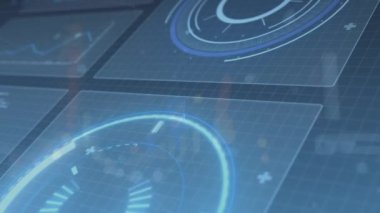 Soyut arkaplan üzerinde yükleme çemberleri, grafik ve bilgisayar dili animasyonu. Dijital olarak üretilmiş, illüstrasyon, hologram, aydınlatılmış, rapor, iş, ilerleme, kodlama ve teknoloji konsepti.