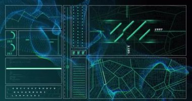 Grafik animasyonu, bilgisayar dili, daireler yükleme, dinamik dalgalar üzerinde navigasyon deseni. Dijital olarak oluşturulmuş, hologram, illüstrasyon, rapor, iş, ilerleme, kodlama ve teknoloji kavramı.