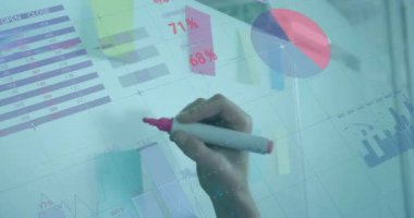 Ofisteki notlarda el yazısının kapatılmasına karşı istatistiksel veri işleme animasyonu. Bilgisayar arayüzü ve iş veri teknolojisi kavramı
