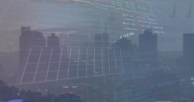 Şehir manzarasının havadan görüntüsüne karşı istatistiksel ve borsa veri işleme animasyonu. Küresel ekonomi ve iş veri teknolojisi kavramı