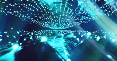 Siyah arkaplanda hareket eden parlak mavi ışık ağı dalgaları. Soyut, veri, teknoloji, enerji, dijital arayüz, bağlantı ve iletişim dijital olarak oluşturulmuş video.