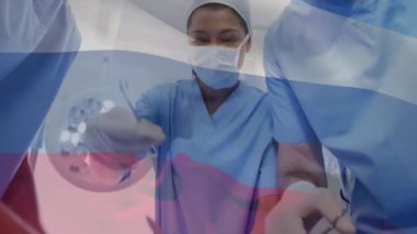 Hastanede ameliyat yapan çeşitli cerrah takımlarına karşı Rusya bayrağı sallama animasyonu. Küresel sağlık hizmeti kavramı
