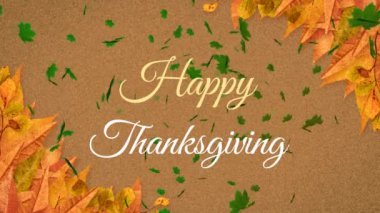 Mutlu şükran günü yazılı afişleri ve kahverengi arka planda yüzen sonbahar yaprakları. Şükran Günü ve Sonbahar sezonu konsepti