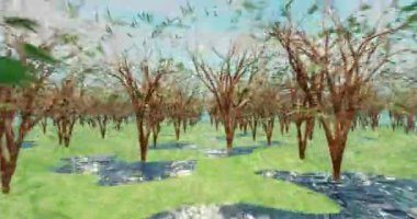 Mavi gökyüzü olan sıra sıra ağaçlar ve çimenlerin animasyonu. Doğa, yaz ve hava konsepti dijital olarak oluşturulmuş video.