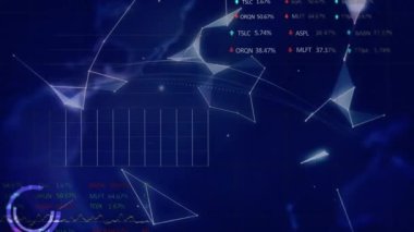 Plexus ağlarının dönen küresi üzerinde istatistiksel ve borsa veri işleme animasyonu. Küresel ekonomi ve iş veri teknolojisi kavramı