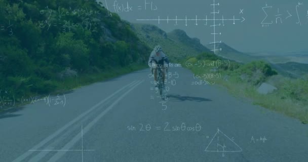 Animazione Equazioni Matematiche Ciclista Donna Caucasica Bicicletta Strada Tecnologia Dello — Video Stock