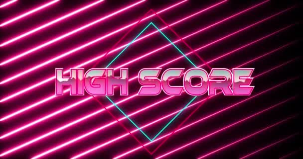Animation Von Highscore Text Über Neonfarbenem Banner Gegen Neonrosa Lichtschilder — Stockvideo