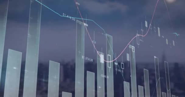 Animation Der Statistischen Datenverarbeitung Gegen Luftaufnahmen Des Stadtbildes Computerschnittstelle Und — Stockvideo
