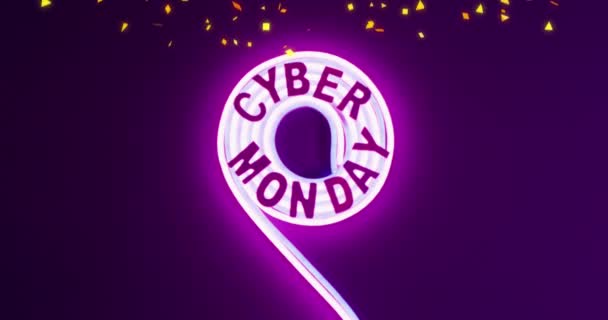 Animatie Van Confetti Cyber Maandag Tekst Neon Ring Met Donker — Stockvideo