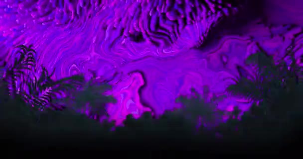 Gesilhouetteerde Bladeren Nachts Paarse Vloeibare Wervelende Achtergrond Abstract Natuur Technologie — Stockvideo