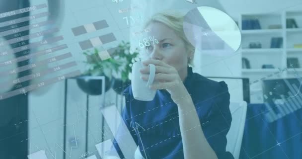 사무실에서 커피를 마시는 코카서스 여성에 데이터 처리의 애니메이션 컴퓨터 인터페이스 — 비디오