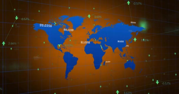 Animacja Przetwarzania Danych Finansowych Strzałek Mapie Świata Koncepcja Globalnego Biznesu — Wideo stockowe
