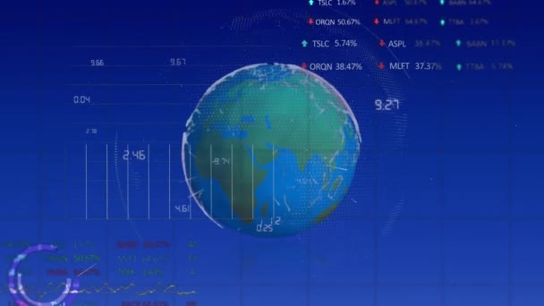 Animation Statistical Stock Market Data Processing Spinning Globe Blue Background — Wideo stockowe