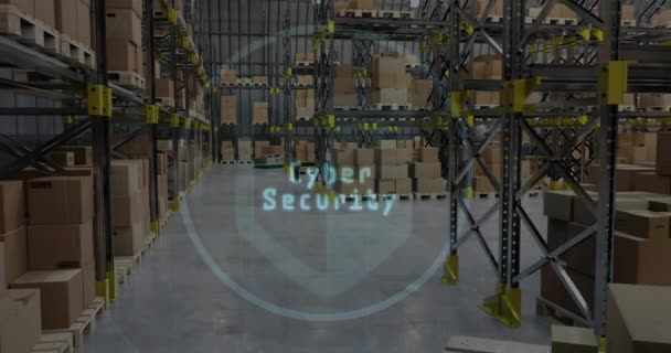 Animation of padlock and data processing over warehouse. Global cyber security, shipping, business, finances, computing and data processing concept digitally generated video.