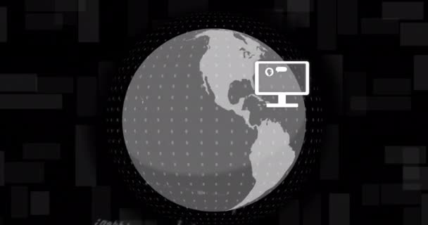 在黑色背景上动画图标 旋转的地球和计算机语言 数字生成 全息图 全球化 编程语言 无线和技术概念 — 图库视频影像
