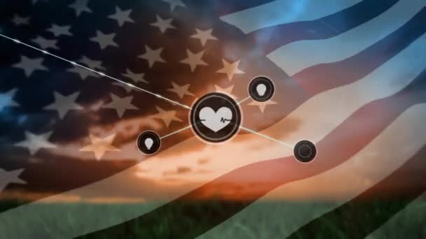 Animatie Van Het Netwerk Van Digitale Pictogrammen Zwaaiende Amerikaanse Vlag — Stockvideo