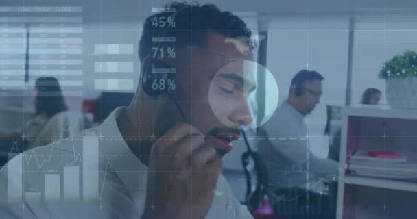オフィスで電話ヘッドセットで話している女性に対する統計データ処理のアニメーション コンピュータインターフェースとビジネスデータ技術のコンセプト — ストック動画