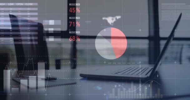 Animación Del Procesamiento Datos Estadísticos Contra Primer Plano Computadora Portátil — Vídeos de Stock