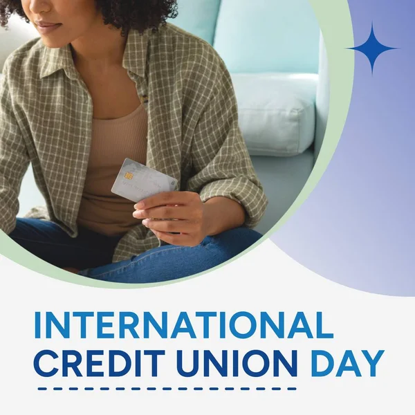Composite of international credit union day text and biracial woman holding credit card. Awareness, financial cooperative, banking, promote and celebrate concept.