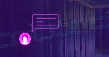 Mesaj kutusu animasyonu, profil simgesi, sunucu odasının üzerinde engelleme zinciri oluşturan numaralar. Dijital bileşik, çoklu pozlama, iş, kripto para birimi, bankacılık, veri merkezi, ağ ve teknoloji.