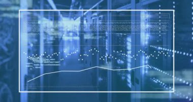 Veri sunucu odasında grafiklerin canlandırılması, çubukların yüklenmesi ve bilgisayar dili. Dijital bileşik, rapor, iş, ilerleme, kodlama, programlama, veri merkezi, ağ ve teknoloji kavramı.