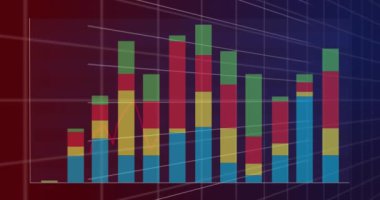 Siyah arkaplana karşı ızgara desen üzerinde değişen sayılara sahip çoklu grafiklerin animasyonu. Dijital olarak üretilmiş, hologram, illüstrasyon, rapor, büyüme, üç boyutlu ve iş konsepti.