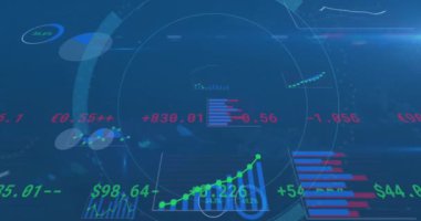 Mavi arkaplan üzerinde birden fazla grafik ve alım satım tahtaları olan daireler yükleme animasyonu. Dijital olarak oluşturulmuş, hologram, illüstrasyon, iş, ilerleme, rapor, iş ve borsa kavramı.