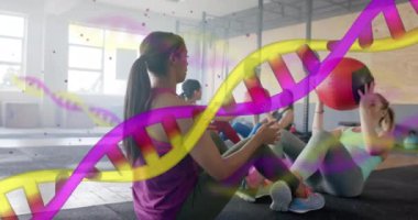 Çeşitli kadınlar üzerinde DNA iplikçiklerinin canlandırılması spor salonunda ilaç toplarıyla antrenman yapıyor. Fitness, egzersiz, güç, veri, genetik ve teknoloji dijital olarak oluşturulmuş video.