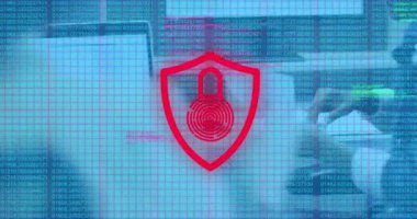 Kalkandaki asma kilidin animasyonu, değişen numaralar, ofiste tokalaşan çeşitli iş arkadaşları. Dijital bileşik, çoklu pozlama, koruma, biyometrik, takım çalışması ve teknoloji konsepti.