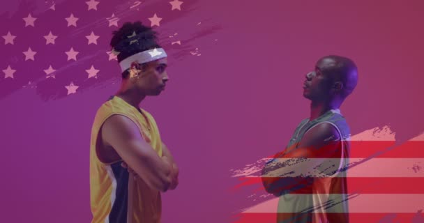 Animáció Amerikai Zászló Afro Amerikai Férfi Kosárlabda Ellenfél Játékosok Szembenéz — Stock videók