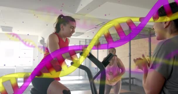 Dna链在高加索女教练和女子交叉训练的动画在体育馆椭圆形 遗传学和数字视频技术 — 图库视频影像