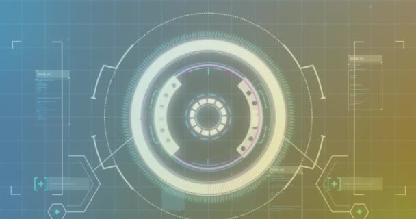 円およびコンピュータ言語および抽象的なパターンをグラデーションの背景にロードするアニメーション デジタル生成 ホログラム イラスト コーディング テクノロジーコンセプト — ストック動画