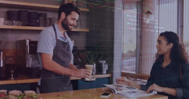 Animation Graphs Trading Boards Diverse Male Barista Giving Coffee Woman — Stock Video