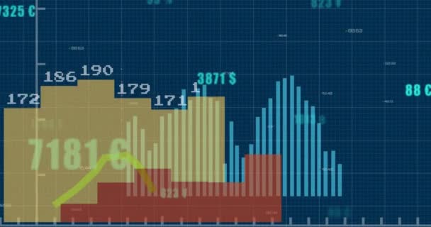 ブルーバックグラフ上の複数のグラフ上の通貨シンボルで数字を変更するアニメーション デジタル生成 ホログラム イラストレポート ビジネスコンセプト — ストック動画