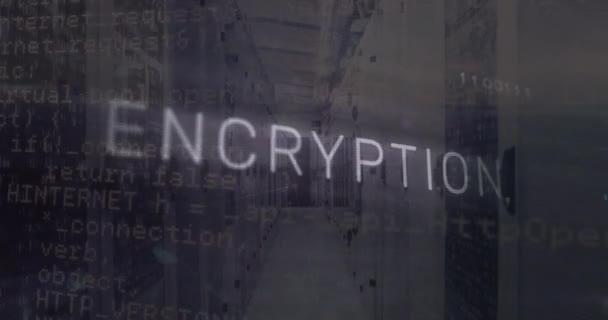 Animering Krypteringstext Och Datorspråk Över Serverrummet Digital Komposit Flera Exponering — Stockvideo
