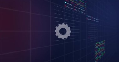 Siyah arkaplan üzerinde birden fazla grafik ve takas panoları olan mekanik dişlilerin animasyonu. Dijital olarak üretilmiş, hologram, rapor, iş dünyası, borsa, mekanizma ve teknoloji kavramı.