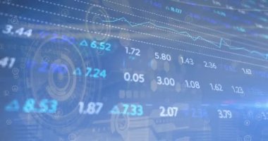 Mavi arka planda daireler ve altıgenler yüklü ticaret panosunun animasyonu. Dijital olarak üretilen hologram, illüstrasyon, iş, şekil, ilerleme ve borsa konsepti.