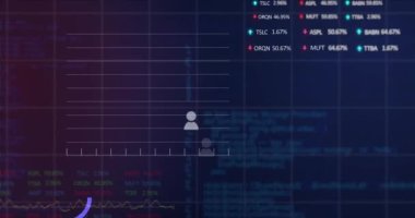 Simgelerin animasyonu, birden fazla grafik, alım satım tahtaları ve bilgisayar dili siyah arkaplan üzerinde. Dijital olarak üretilmiş, hologram, rapor, iş dünyası, borsa, kodlama ve teknoloji kavramı.