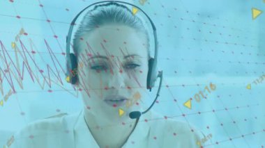 Grafik ve numaraların animasyonu, beyaz kadın müşteri temsilcisi müşteriyle konuşuyor. Dijital bileşik, çoklu pozlama, rapor, iş, çağrı merkezi ve teknoloji konsepti.