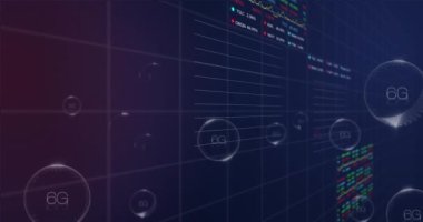 Daireler halinde 6G metnin animasyonu, birden fazla grafik ve siyah arkaplan üzerinde işlem panoları. Dijital olarak üretilmiş, hologram, illüstrasyon, telekomünikasyon, rapor, iş ve borsa kavramı.