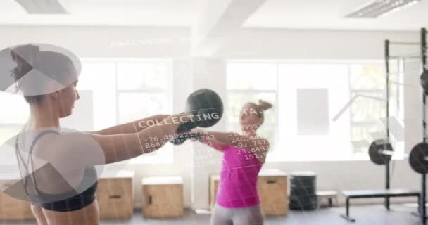 Animace Rozhraní Zpracování Dat Různých Ženách Školení Kettlebells Posilovně Fitness — Stock video