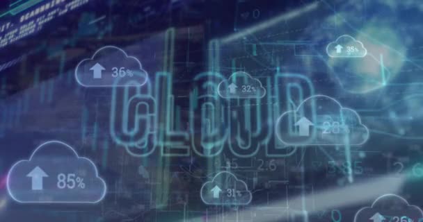 Animação Texto Nuvem Mudando Números Setas Nuvens Placa Negociação Segundo — Vídeo de Stock