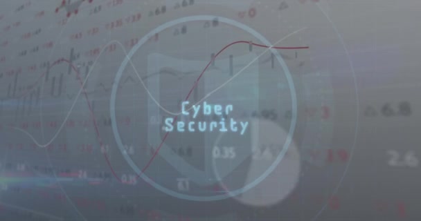 Animação Lupa Texto Segurança Cibernética Escudo Círculos Sobre Gráficos Placa — Vídeo de Stock