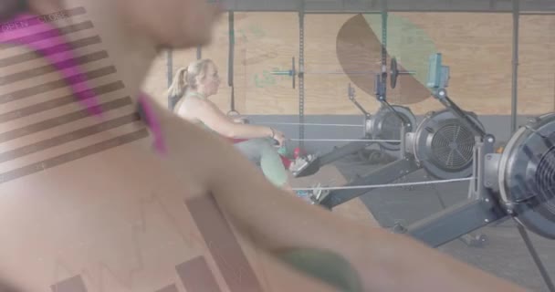 Анімація Даних Про Інтерфейс Над Різноманітними Тренуваннями Жінок Веслувальних Машинах — стокове відео
