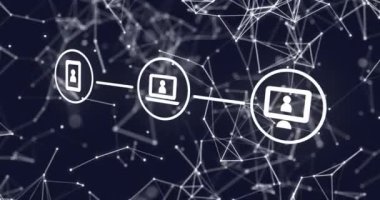Simgelerin akış şeması ve siyah arkaplan üzerindeki bağlantılı noktaların animasyonu. Dijital olarak üretilmiş, hologram, illüstrasyon, aydınlanma, iletişim ve kablosuz teknoloji kavramı.
