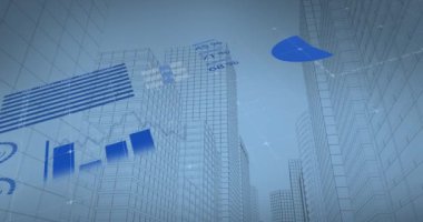 Modern binaların gökyüzüne karşı alçak açılı görüntüsü üzerinde bilgi arayüzü animasyonu. Dijital olarak üretilen hologram, illüstrasyon, rapor, iş dünyası, küresel ve mimari kavramı.